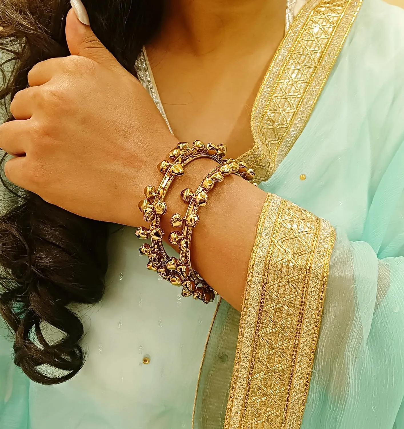Efulgenz Indian Oxidized Jewelry for Navratri Boho Vintage Antique Gypsy Tribal Indian Oxidized Silver Tone Bell Charm Bracelet Bangle Set Jewelry