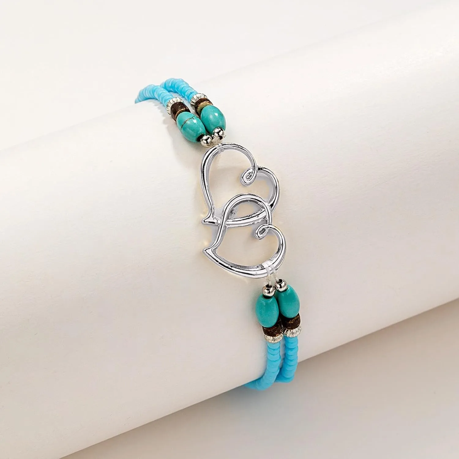 Elastic Beaded Ankle Bracelet for Women Double Layered Beaded Anklet Hollow Hearts Stretch Anklet Cute Boho Heart Foot Jewelry for Summer Beach Wedding Dance Yoga Graduations