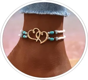 Elastic Beaded Beach Anklet for Women, Seed Bead Double Hollow Hearts Stretch Anklet, Double Layered Small Beads Ankle Bracelet, Cute Boho Heart Foot Jewelry for Summer Beach Wedding Dance Yoga