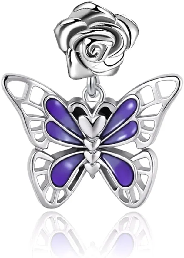 Enamel Blue Butterfly Charm for Pandora Bracelet Rose Flower Dangle Bead for Women Necklace
