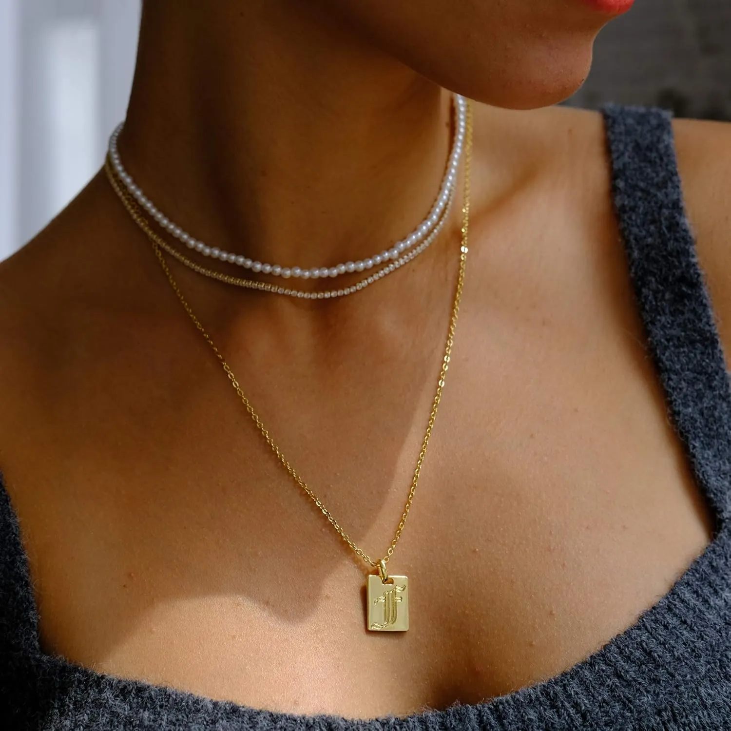 espere 18K Gold Plated Old English Initial Square Pendant Necklace | Gold Initial Necklace Vintage Style Gold Medallion Pendant Necklace Gold Letter Necklace
