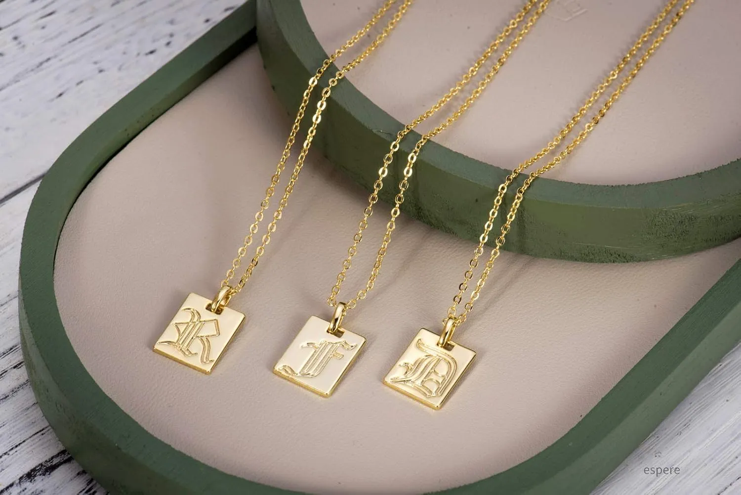espere 18K Gold Plated Old English Initial Square Pendant Necklace | Gold Initial Necklace Vintage Style Gold Medallion Pendant Necklace Gold Letter Necklace
