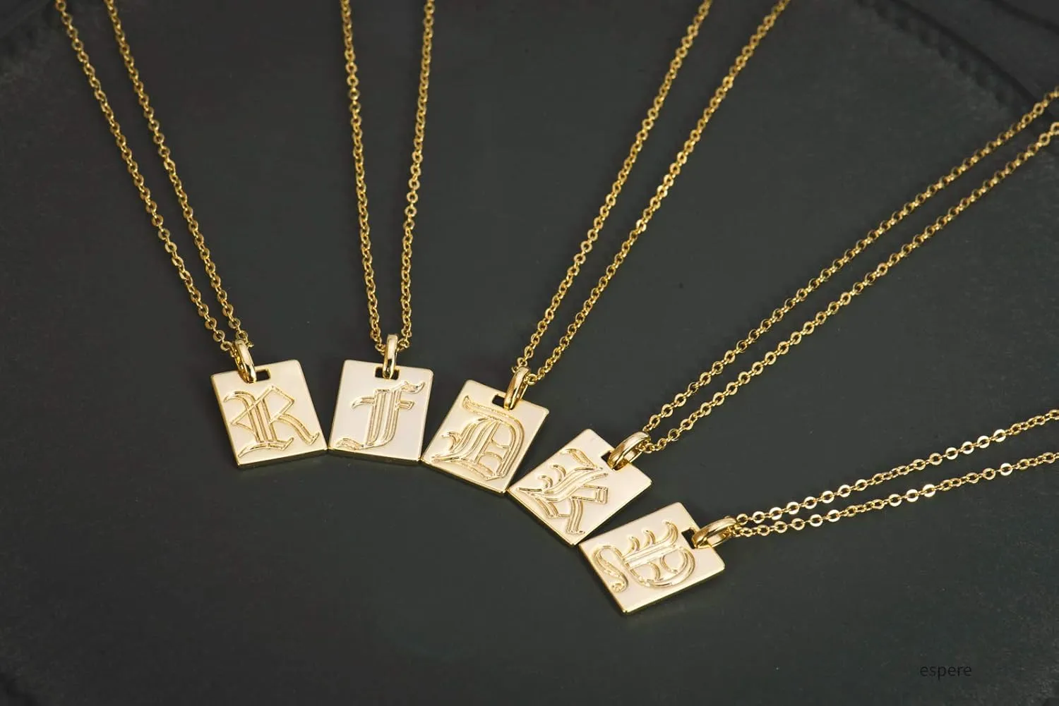 espere 18K Gold Plated Old English Initial Square Pendant Necklace | Gold Initial Necklace Vintage Style Gold Medallion Pendant Necklace Gold Letter Necklace