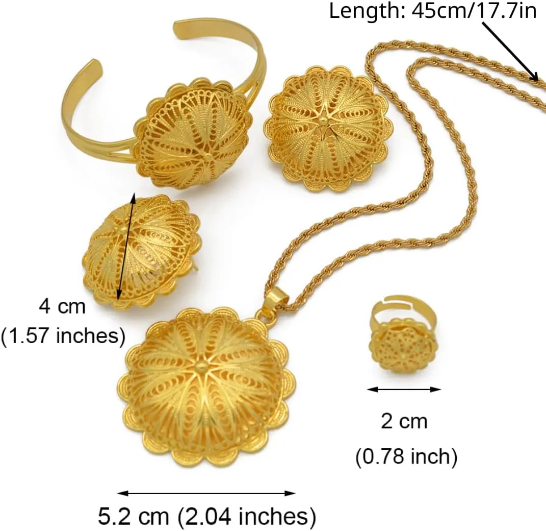 Ethiopian Jewelry Set - Traditional Ethiopian Jewelry for Women - Gold Pendant, Earrings, Ring, Bangles - Eritrean African Gifts