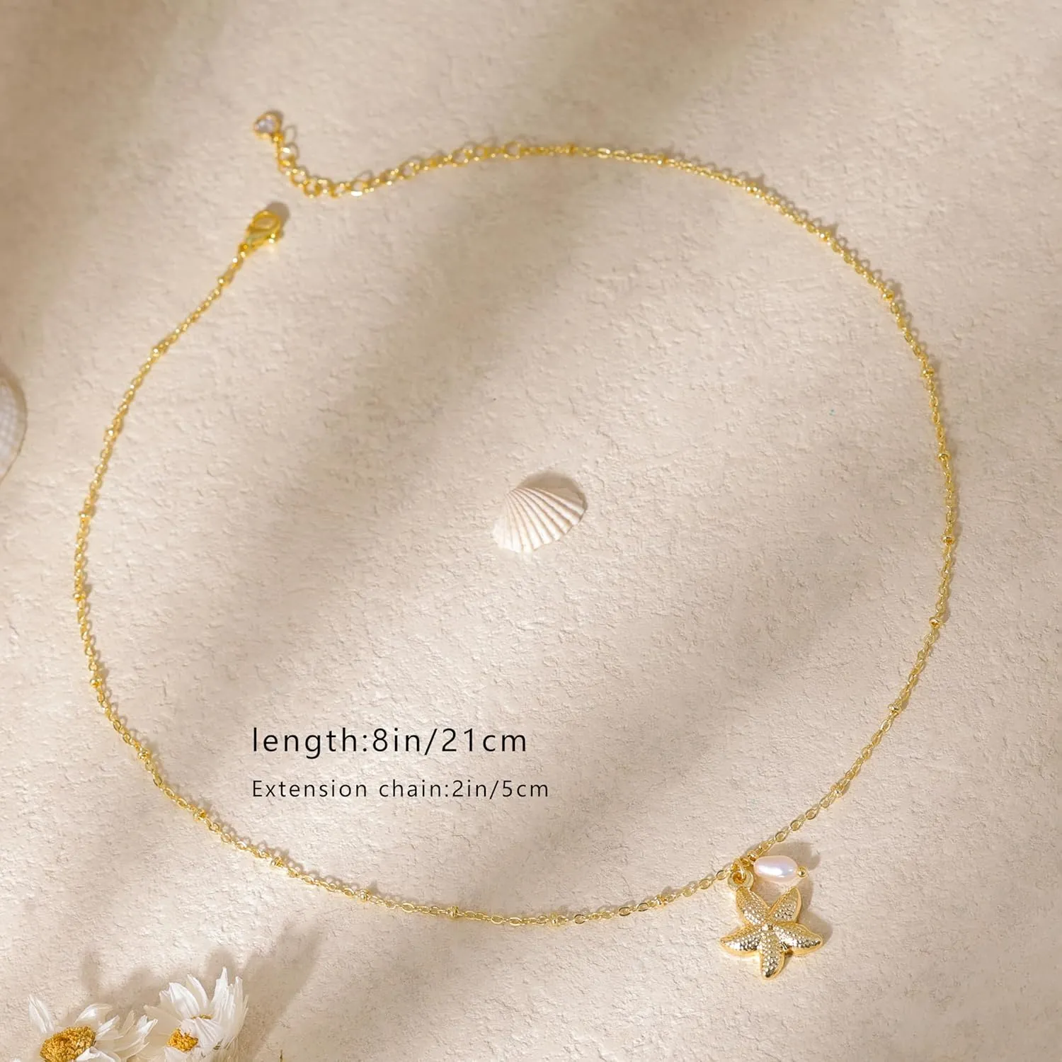 Ewrkbr Gold Necklace for Women,14K Gold Plated Shell Starfish Beach Necklaces Cute Boho Pendant Necklace Fashion Summer Waterproof Pearl Jewelry for Women
