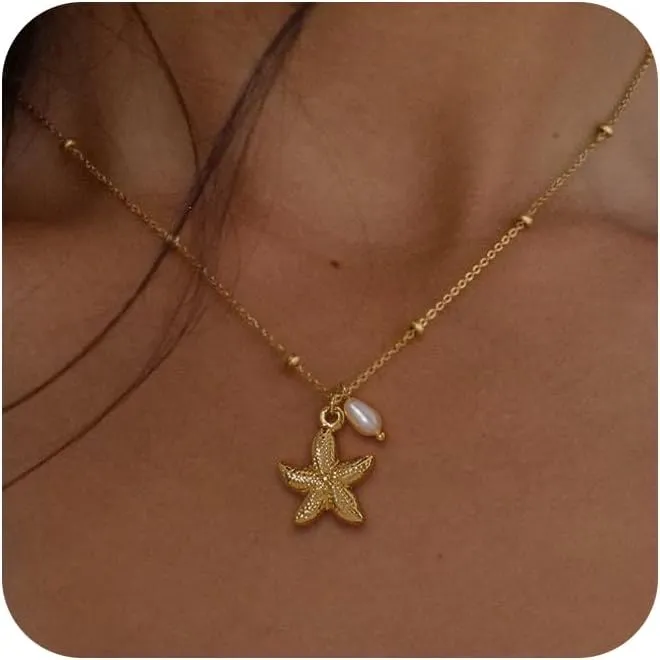Ewrkbr Gold Necklace for Women,14K Gold Plated Shell Starfish Beach Necklaces Cute Boho Pendant Necklace Fashion Summer Waterproof Pearl Jewelry for Women