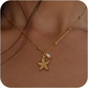 Ewrkbr Gold Necklace for Women,14K Gold Plated Shell Starfish Beach Necklaces Cute Boho Pendant Necklace Fashion Summer Waterproof Pearl Jewelry for Women
