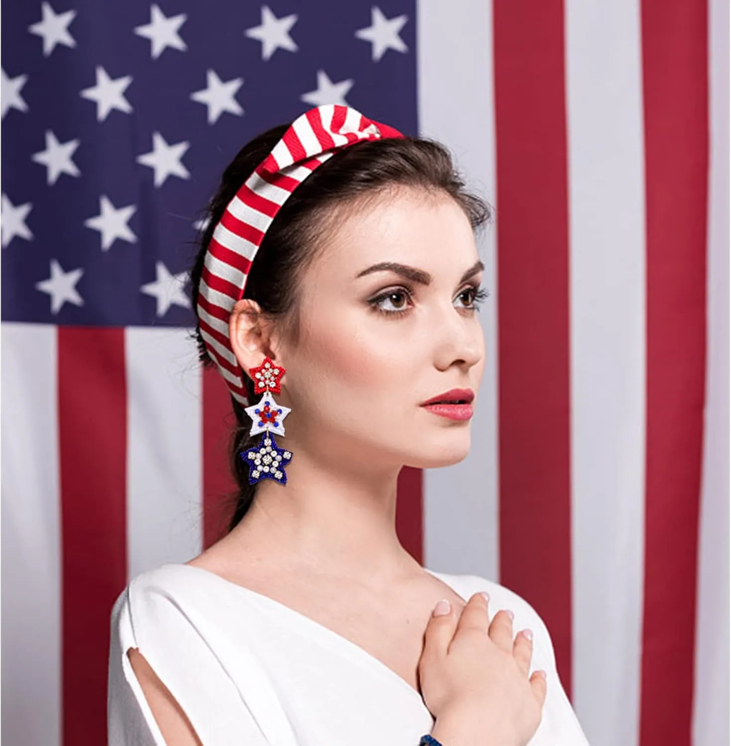 FAERLIIRY American Flag Earrings 4th of July Beaded Earrings for Women Red White Blue Tiered Triple Star Dangle Drop Earrings for Independence Day Jewelry
