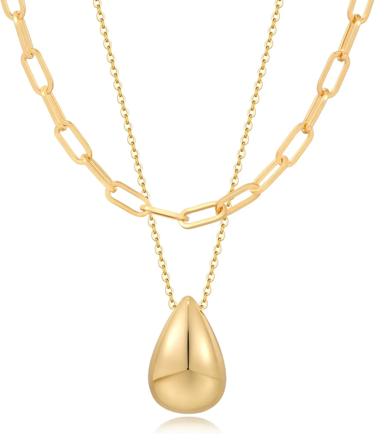 FAMARINE Gold Layered Necklace for Women Paperclip Chain Necklace Teardrop Pendant Necklace