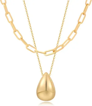 FAMARINE Gold Layered Necklace for Women Paperclip Chain Necklace Teardrop Pendant Necklace