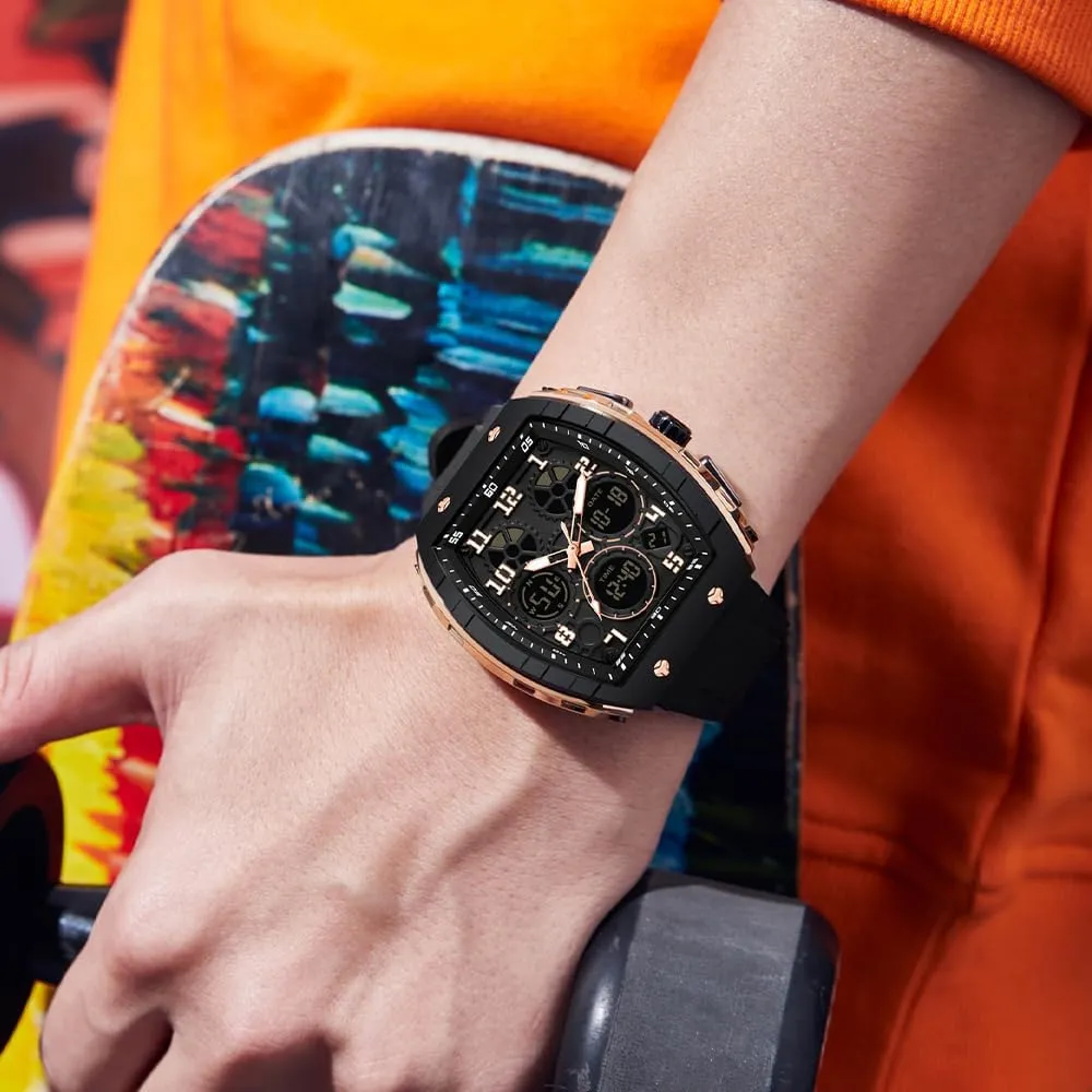 FANMIS Watch for Men Fashion Hollow Unique Rectangle Dial Wristwatch Waterproof Sport Digital Analog Dual Time Display Stopwatch Punk Cool Design Silicon Strap Dress Watch