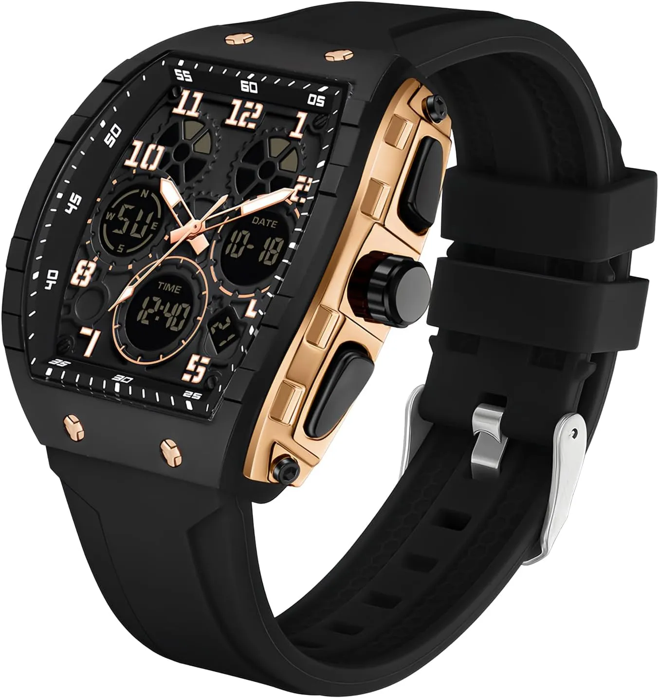 FANMIS Watch for Men Fashion Hollow Unique Rectangle Dial Wristwatch Waterproof Sport Digital Analog Dual Time Display Stopwatch Punk Cool Design Silicon Strap Dress Watch