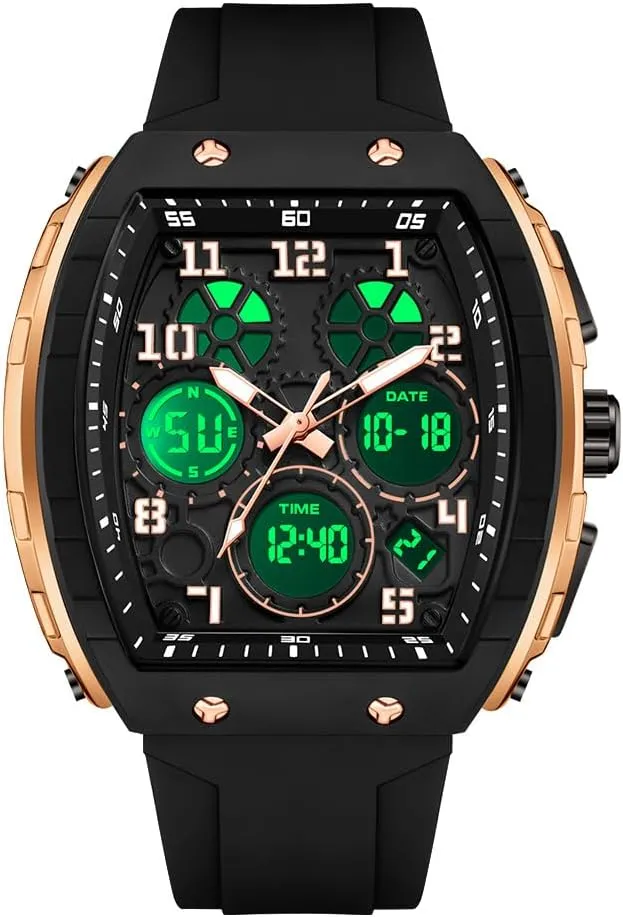 FANMIS Watch for Men Fashion Hollow Unique Rectangle Dial Wristwatch Waterproof Sport Digital Analog Dual Time Display Stopwatch Punk Cool Design Silicon Strap Dress Watch