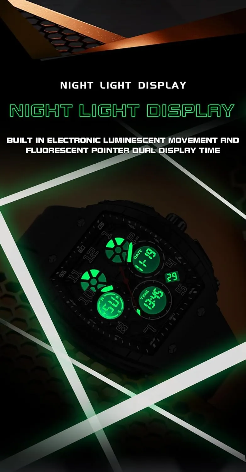 FANMIS Watch for Men Fashion Hollow Unique Rectangle Dial Wristwatch Waterproof Sport Digital Analog Dual Time Display Stopwatch Punk Cool Design Silicon Strap Dress Watch