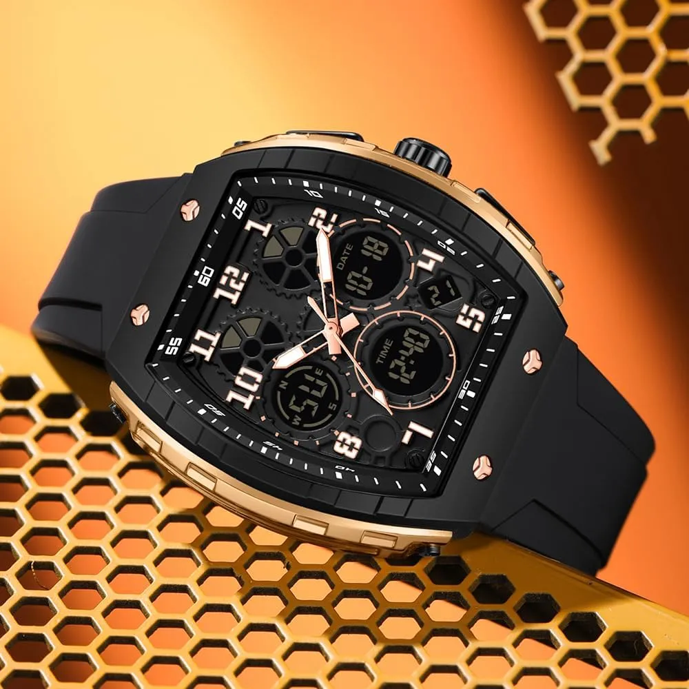 FANMIS Watch for Men Fashion Hollow Unique Rectangle Dial Wristwatch Waterproof Sport Digital Analog Dual Time Display Stopwatch Punk Cool Design Silicon Strap Dress Watch