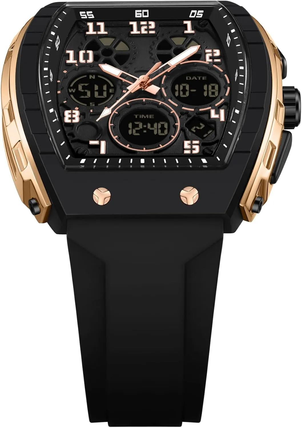 FANMIS Watch for Men Fashion Hollow Unique Rectangle Dial Wristwatch Waterproof Sport Digital Analog Dual Time Display Stopwatch Punk Cool Design Silicon Strap Dress Watch