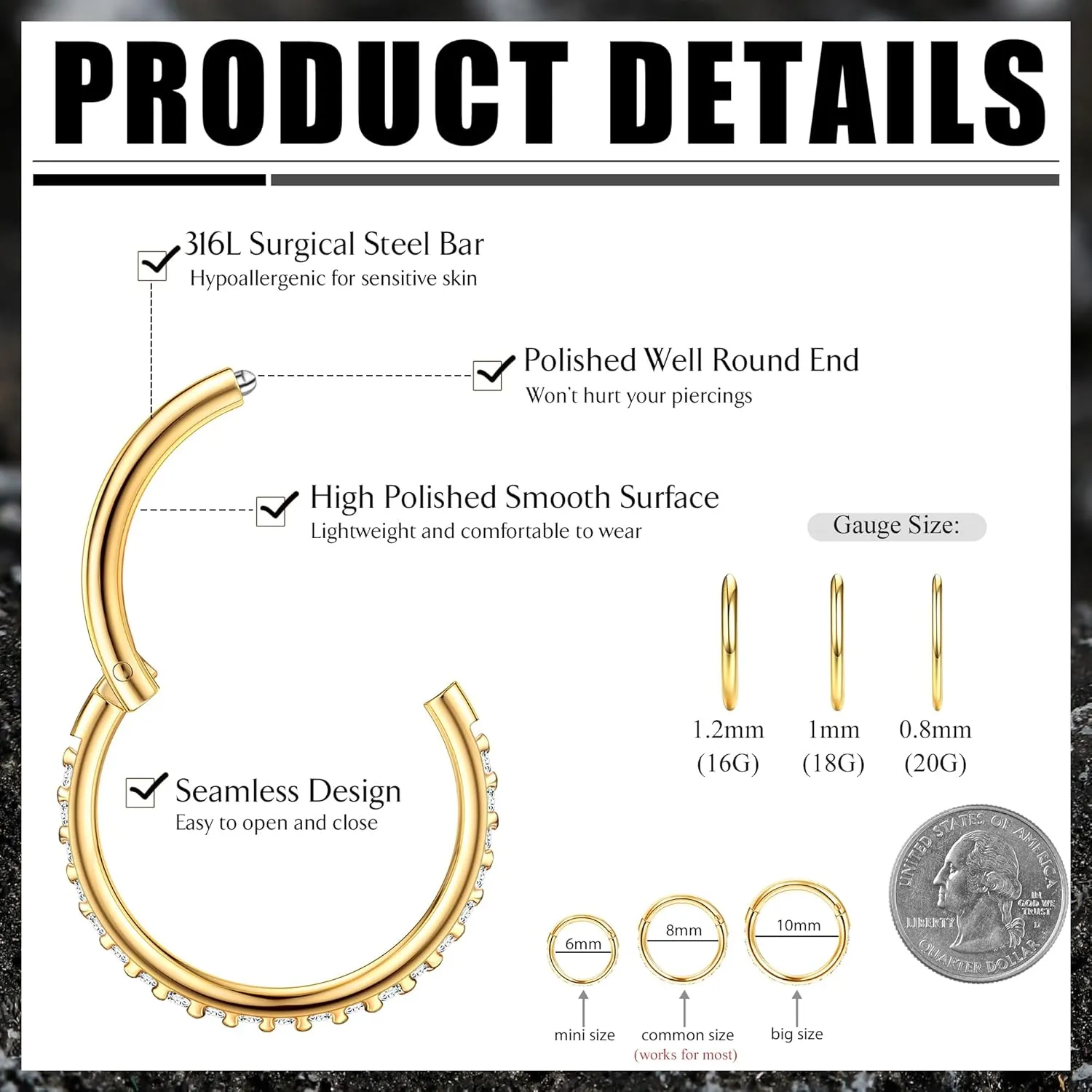 FASACCO 20G 18G 16G Cartilage Hoop Earring 316L Surgical Steel Silver Huggie Hoop Earrings Hypoallergenic Hinged Segment Rings Septum Nose Hoops Daith Conch Helix Tragus Piercing Jewelry 6mm/8mm/10mm