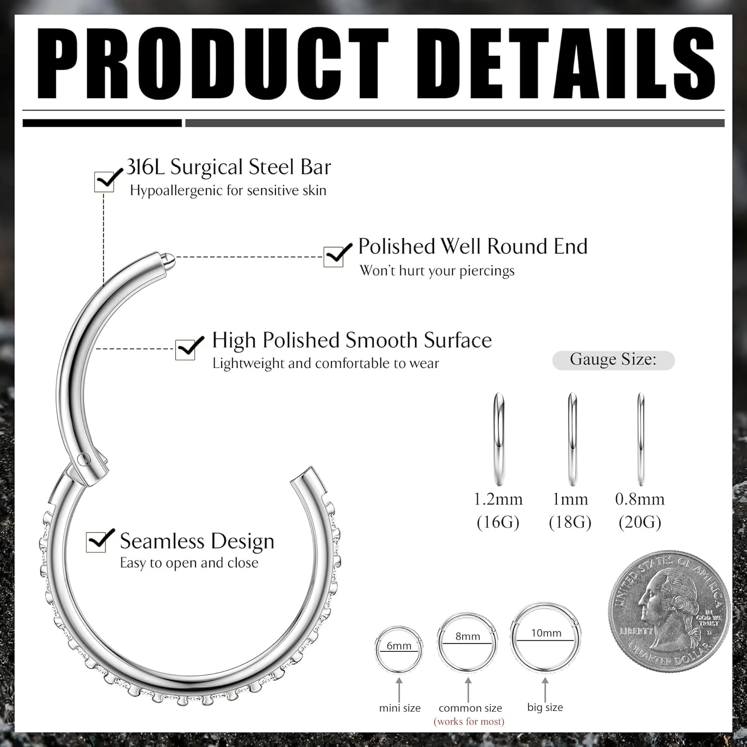 FASACCO 20G 18G 16G Cartilage Hoop Earring 316L Surgical Steel Silver Huggie Hoop Earrings Hypoallergenic Hinged Segment Rings Septum Nose Hoops Daith Conch Helix Tragus Piercing Jewelry 6mm/8mm/10mm