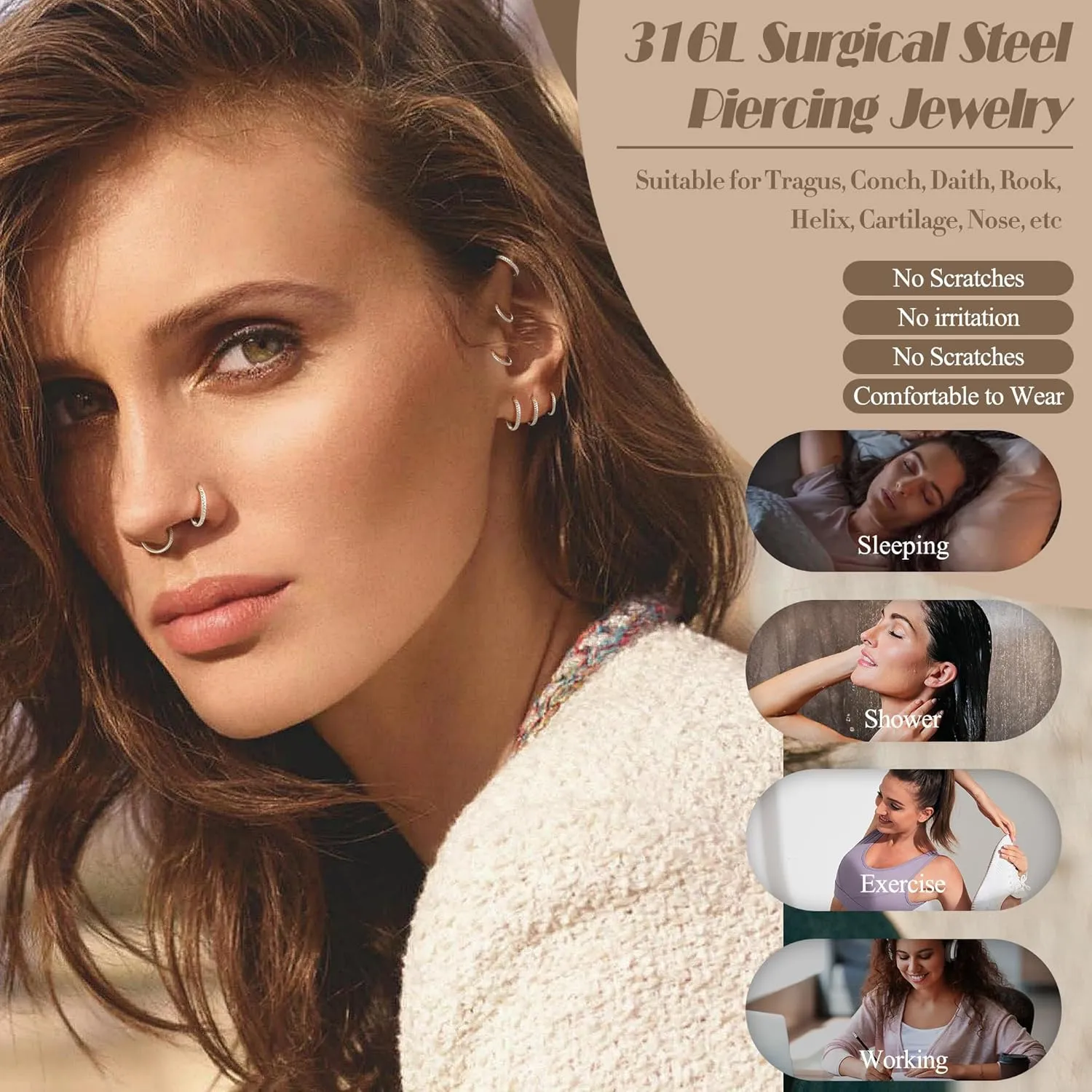 FASACCO 20G 18G 16G Cartilage Hoop Earring 316L Surgical Steel Silver Huggie Hoop Earrings Hypoallergenic Hinged Segment Rings Septum Nose Hoops Daith Conch Helix Tragus Piercing Jewelry 6mm/8mm/10mm