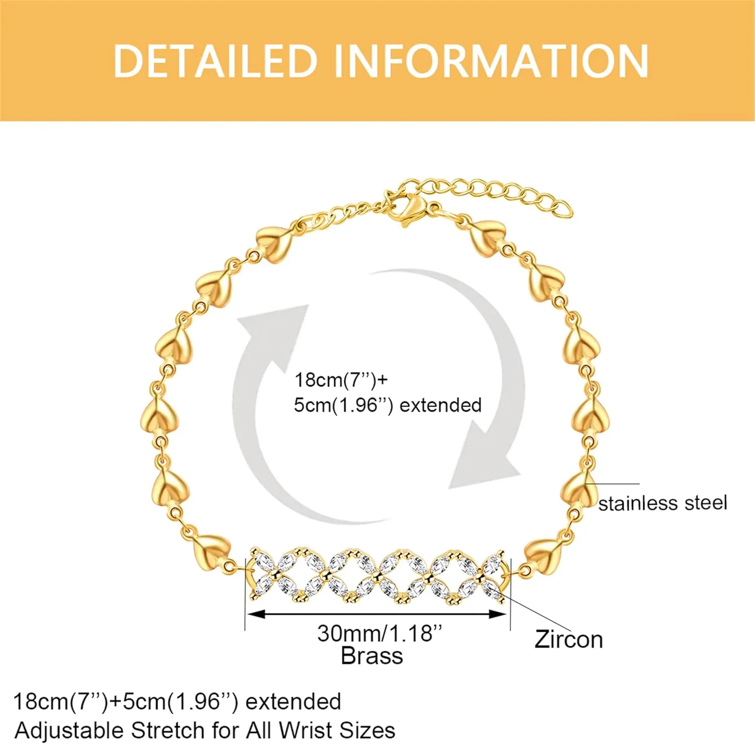 Fashion Gold Plated Adjustable Heart Link Chain BraceletMarquise Cubic Zirconia Infinity Bracelet Friendship Gifts for Best Friends