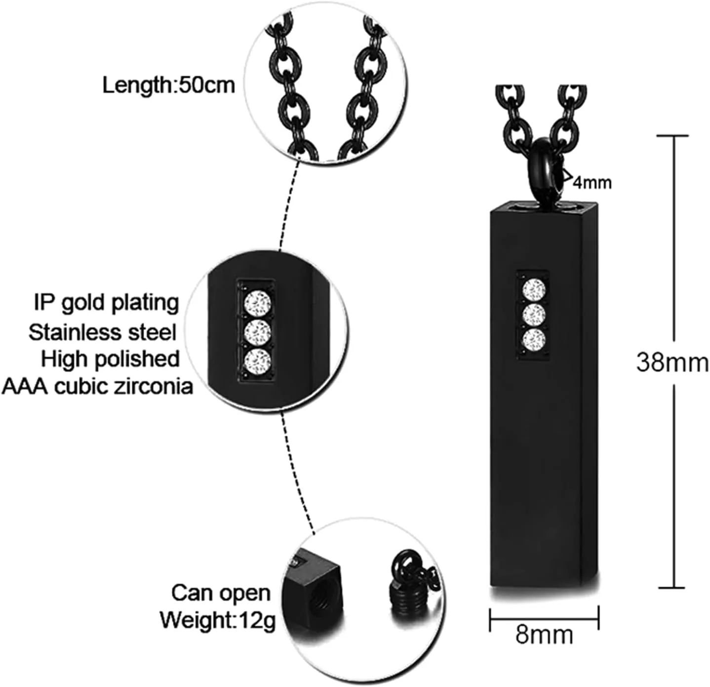 Fashion Stainless Steel 3D Vertical Bar Pendant Ashes Keepsake Cremation Necklace