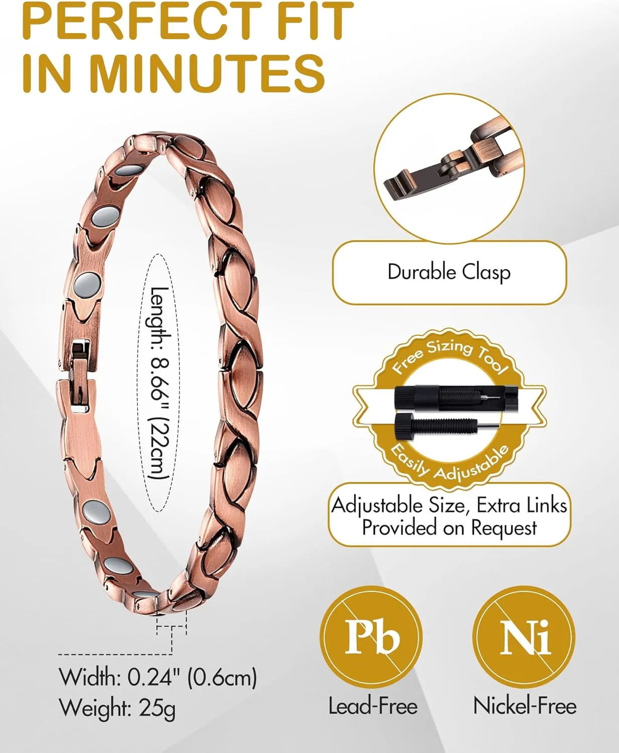 Feraco Copper Bracelets for Women, 99.99% Pure Copper Magnetic Bracelets with Effective Neodymium Magnets, Adjustable Jewelry Gift with Sizing Tool