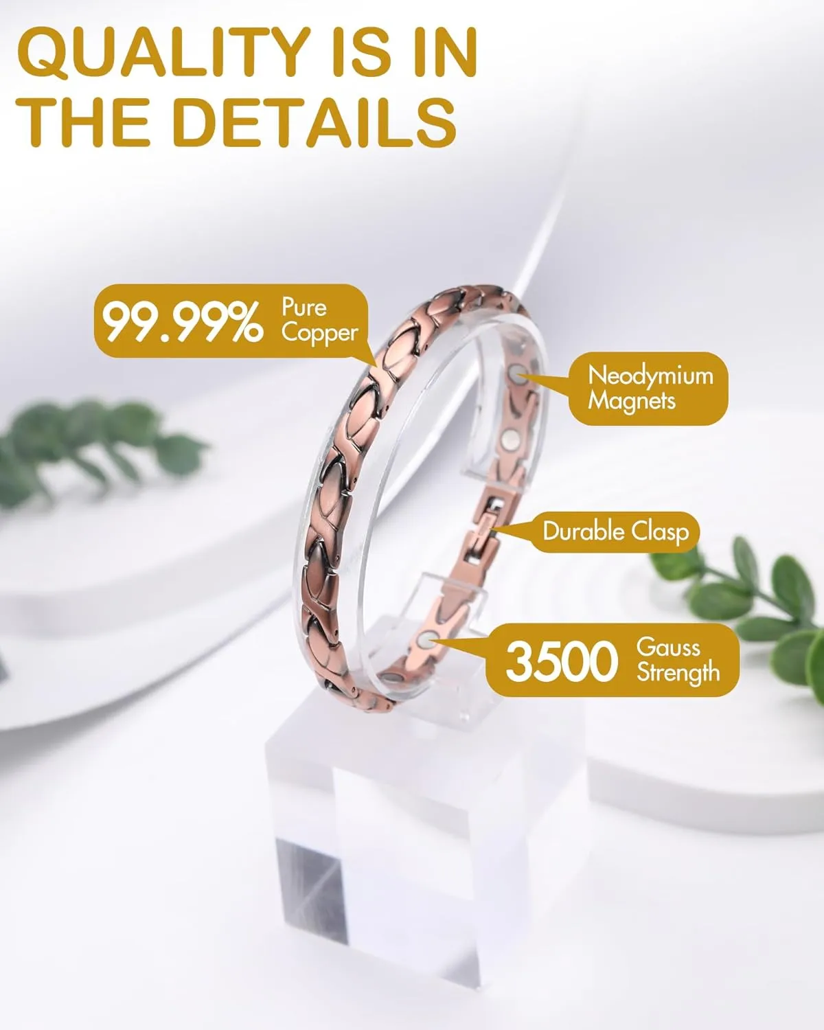 Feraco Copper Bracelets for Women, 99.99% Pure Copper Magnetic Bracelets with Effective Neodymium Magnets, Adjustable Jewelry Gift with Sizing Tool