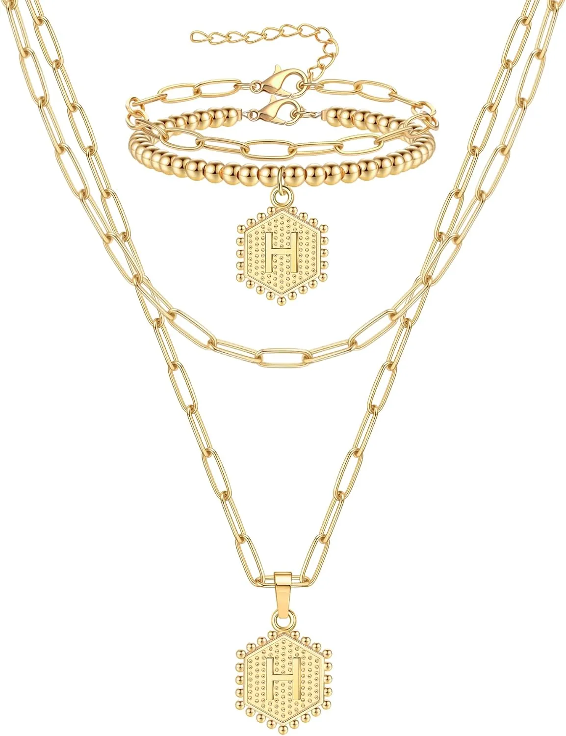 FIRAZIO Dainty Layered Initial Necklaces Bracelets Set for Women Trendy, Christmas Gifts for Women 14K Gold Plated Paperclip Chain Necklace Cute Letter Pendant Initial Choker Necklace Gold Layered Necklaces for Women