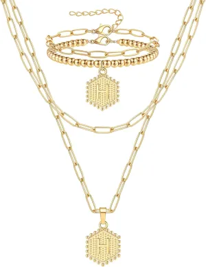 FIRAZIO Dainty Layered Initial Necklaces Bracelets Set for Women Trendy, Christmas Gifts for Women 14K Gold Plated Paperclip Chain Necklace Cute Letter Pendant Initial Choker Necklace Gold Layered Necklaces for Women