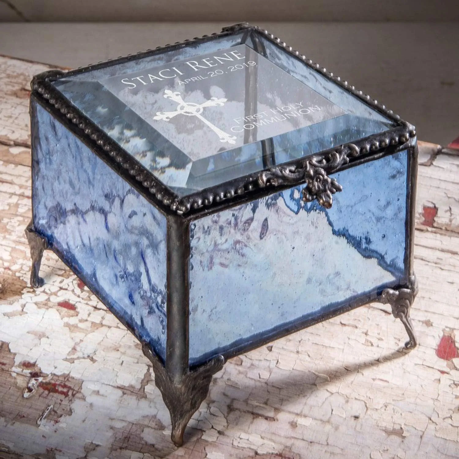 First Communion Gift for Girls Personalized Blue Stained Glass Engraved Cross Jewelry Rosary J Devlin Box 837 EB220