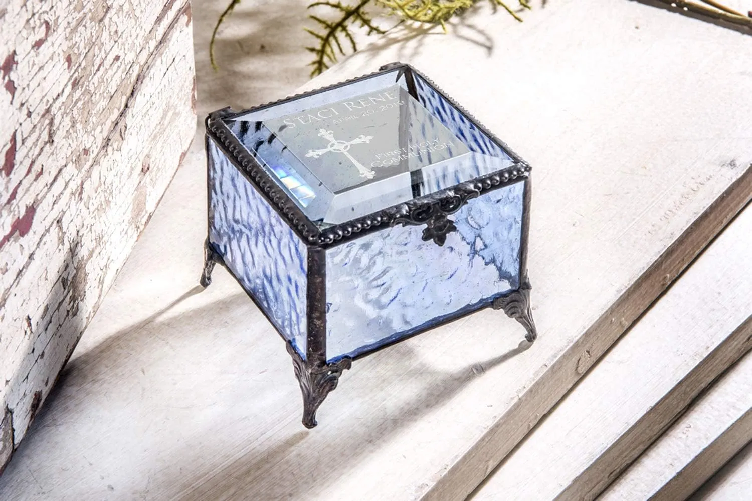First Communion Gift for Girls Personalized Blue Stained Glass Engraved Cross Jewelry Rosary J Devlin Box 837 EB220