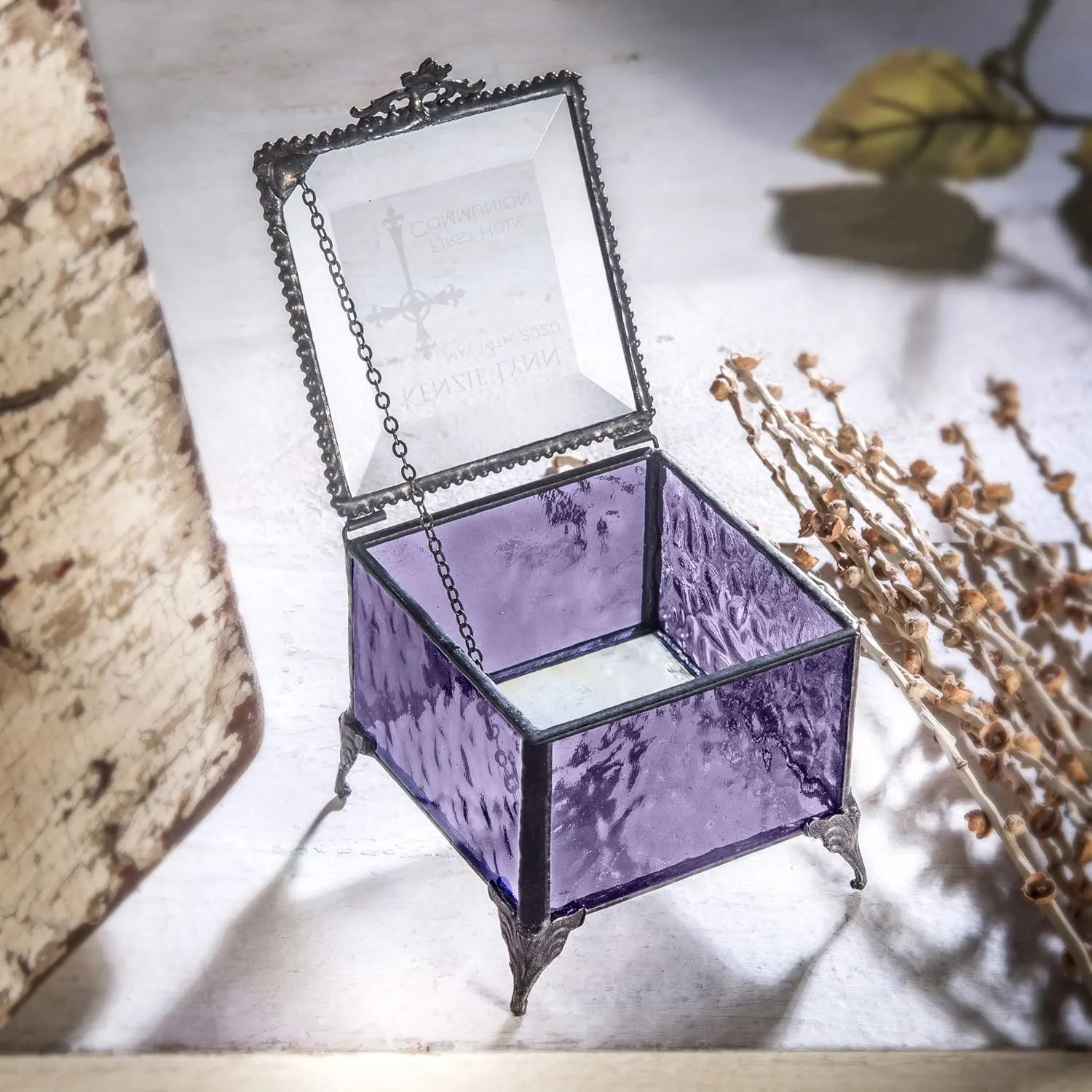 First Communion Gift for Girls Personalized Purple Stained Glass Engraved Jewelry Rosary J Devlin Box 836 EB220