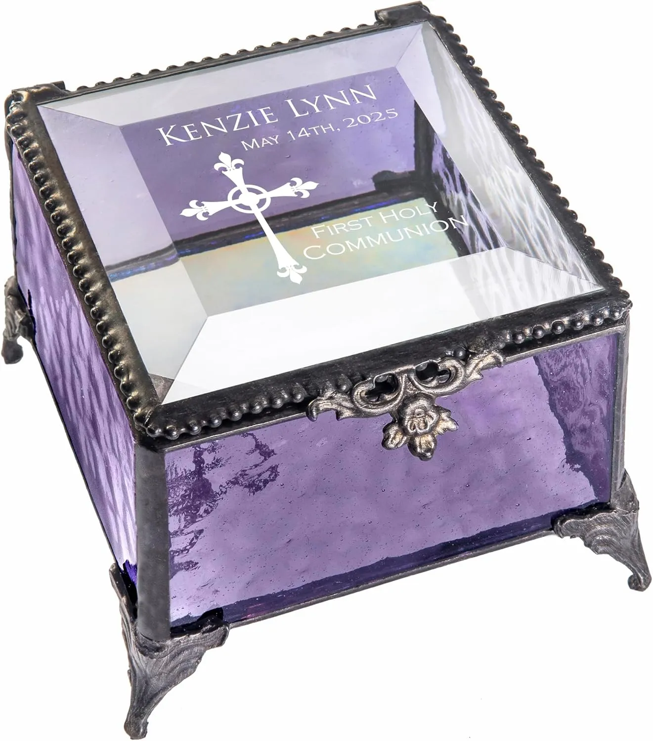 First Communion Gift for Girls Personalized Purple Stained Glass Engraved Jewelry Rosary J Devlin Box 836 EB220