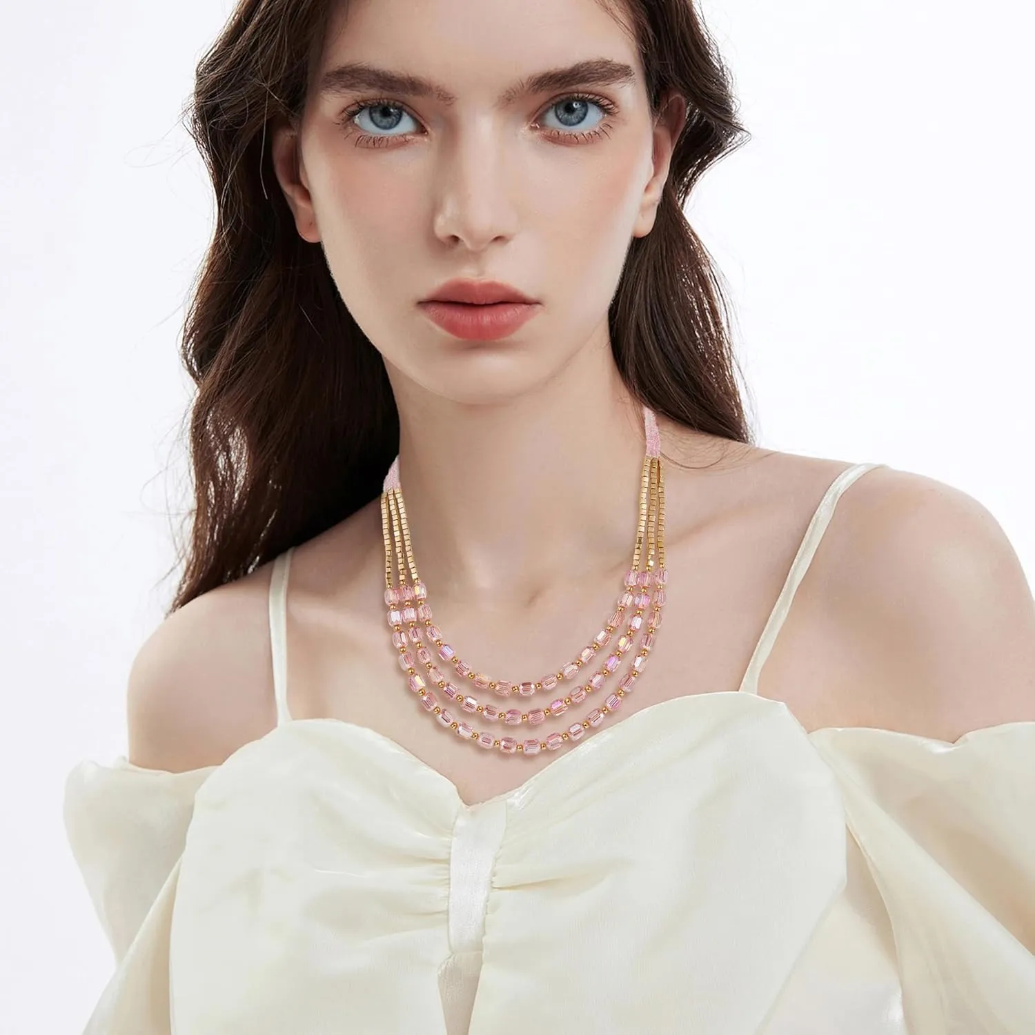 Firstmeet Elegant Layered Glass Bead Necklace Fashionable Retro Jewelry for Women Perfect for Parties Festivals