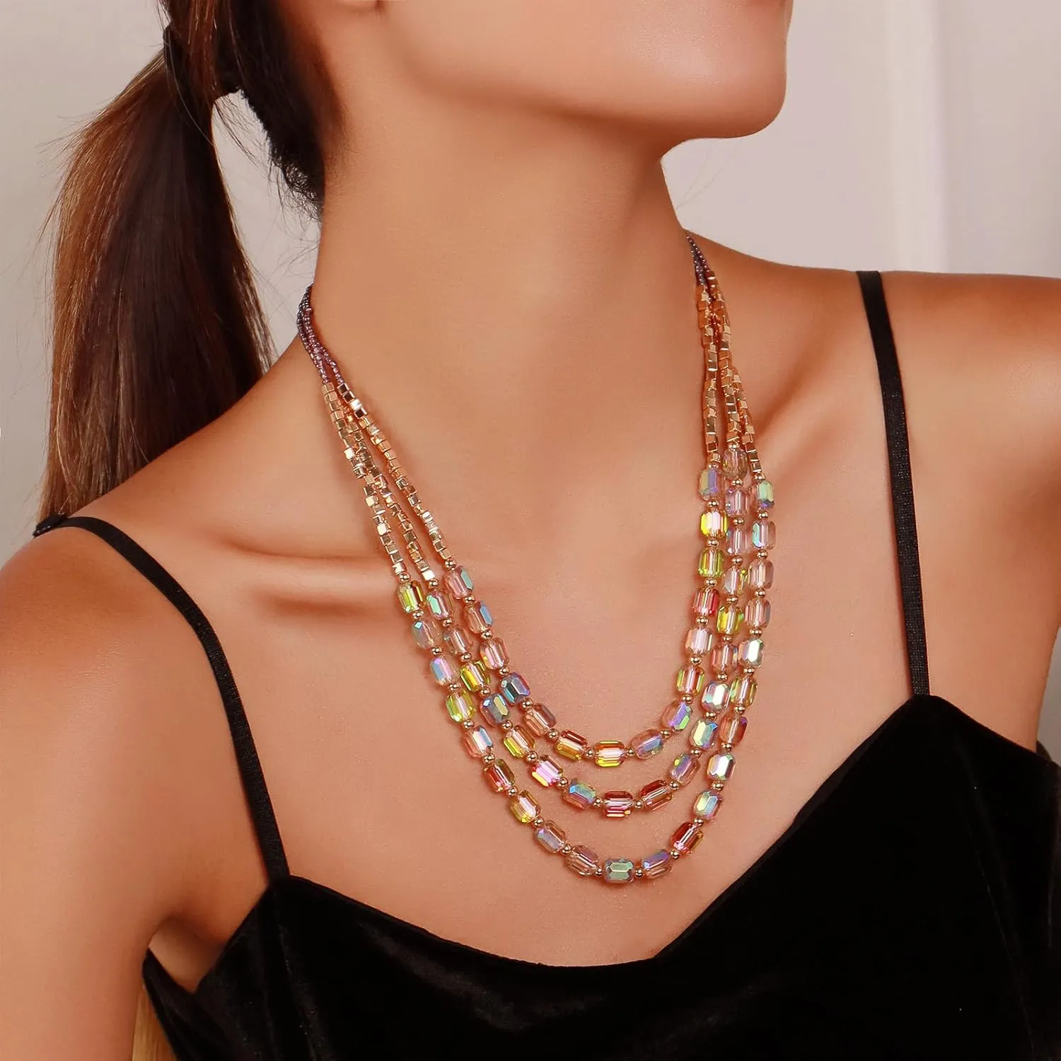 Firstmeet Elegant Layered Glass Bead Necklace Fashionable Retro Jewelry for Women Perfect for Parties Festivals