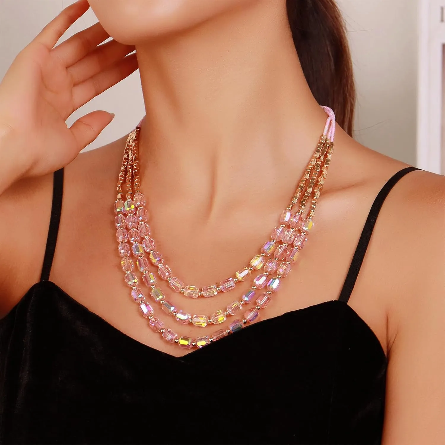 Firstmeet Elegant Layered Glass Bead Necklace Fashionable Retro Jewelry for Women Perfect for Parties Festivals