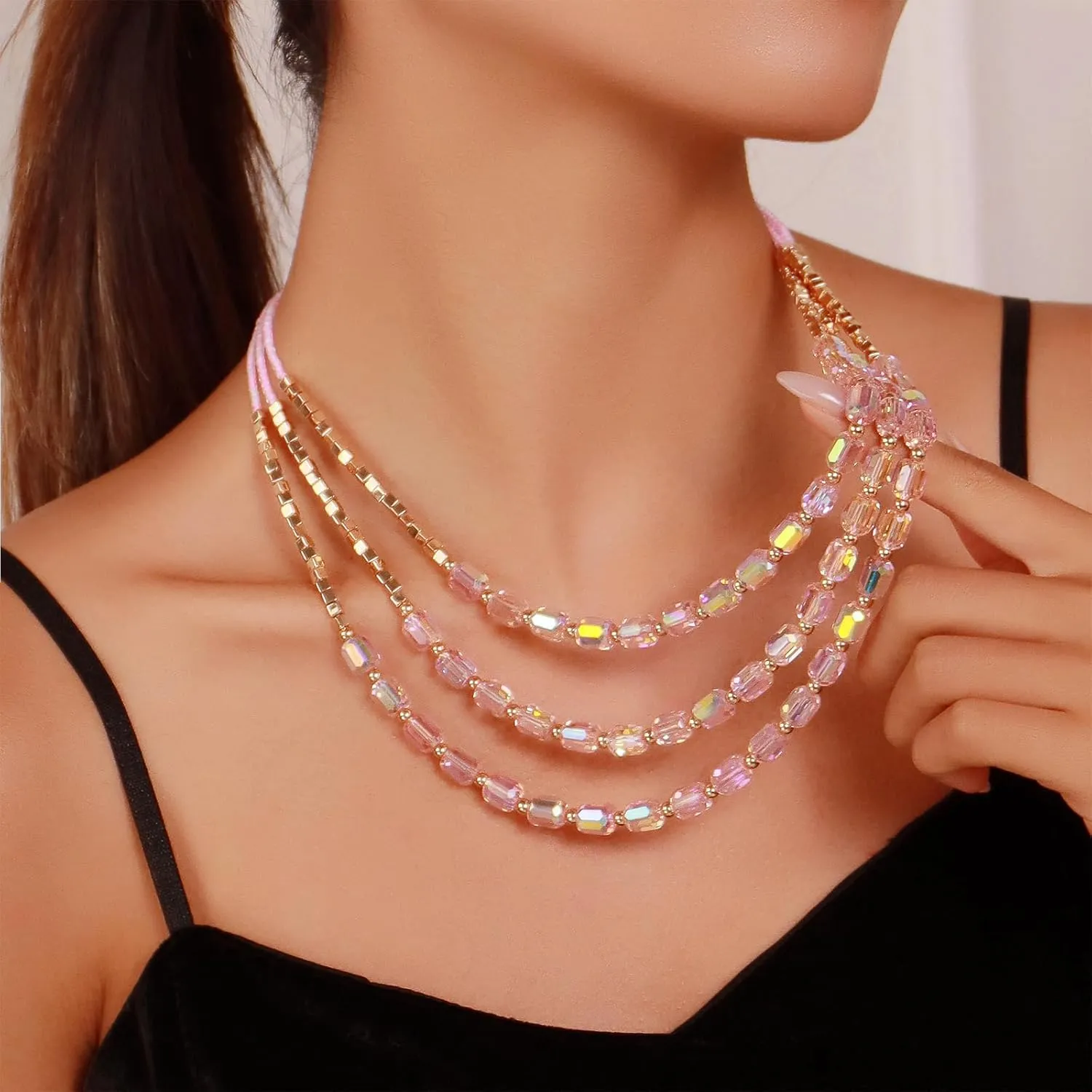 Firstmeet Elegant Layered Glass Bead Necklace Fashionable Retro Jewelry for Women Perfect for Parties Festivals