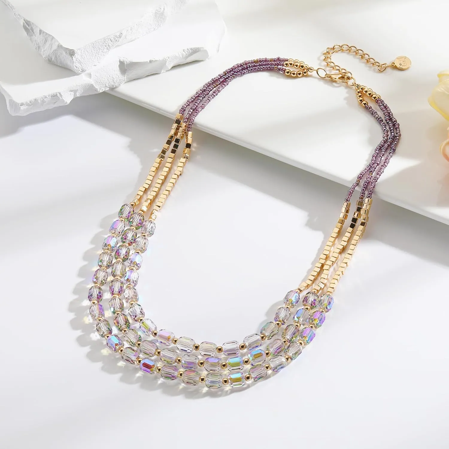Firstmeet Elegant Layered Glass Bead Necklace Fashionable Retro Jewelry for Women Perfect for Parties Festivals