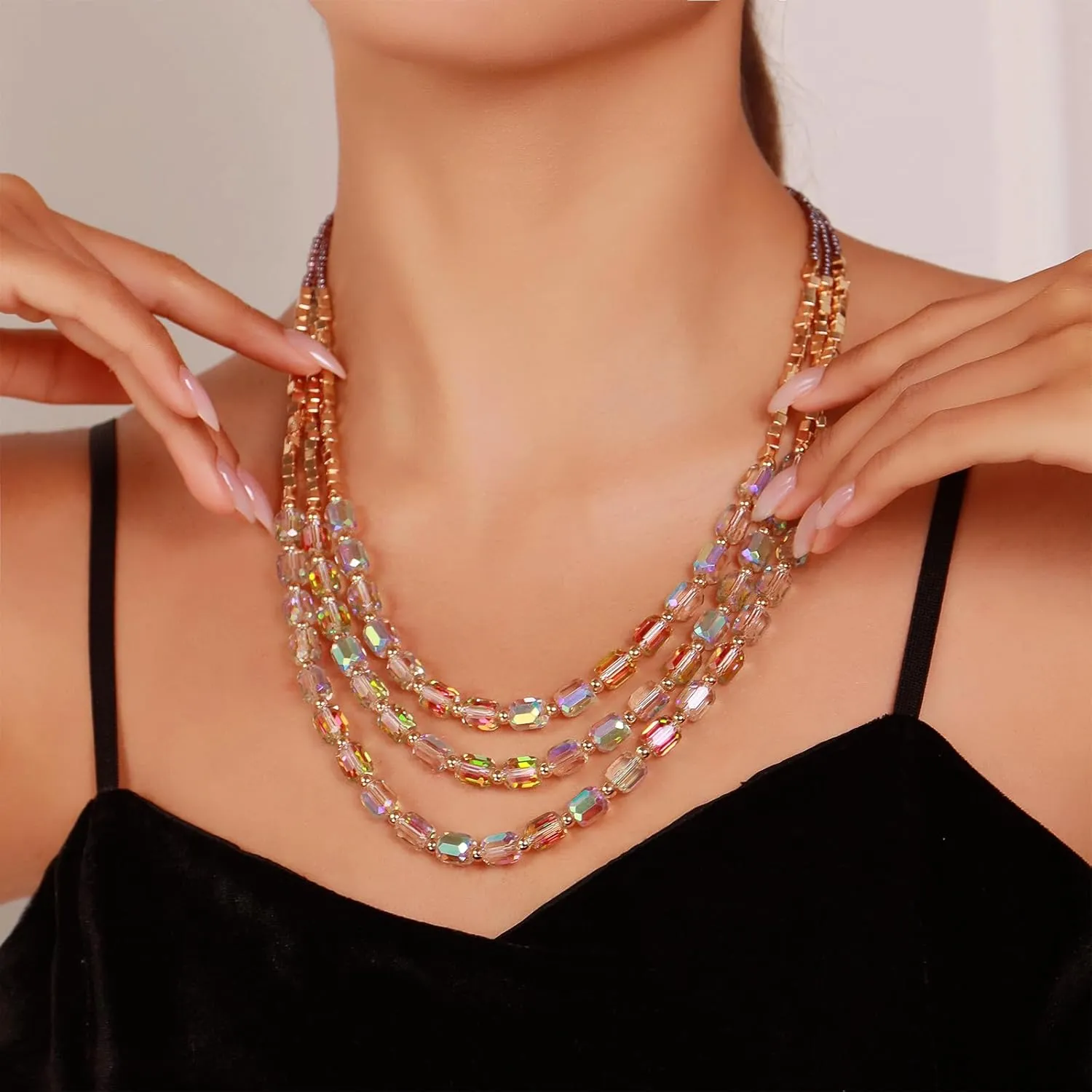 Firstmeet Elegant Layered Glass Bead Necklace Fashionable Retro Jewelry for Women Perfect for Parties Festivals
