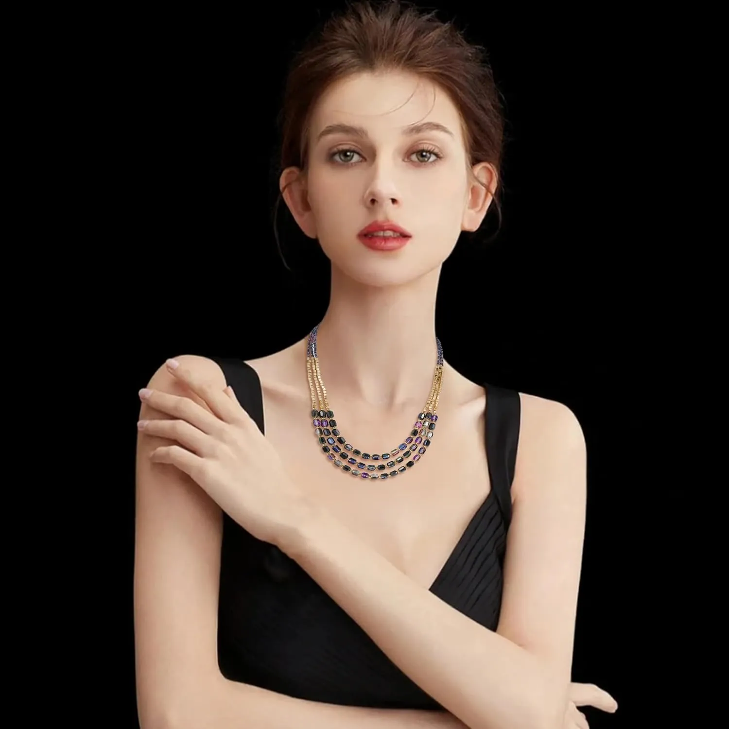 Firstmeet Elegant Layered Glass Bead Necklace Fashionable Retro Jewelry for Women Perfect for Parties Festivals
