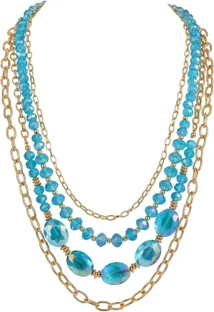 Firstmeet Layered Glass Bead Necklace Alloy Chain Retro Jewelry for Women Parties Wedding