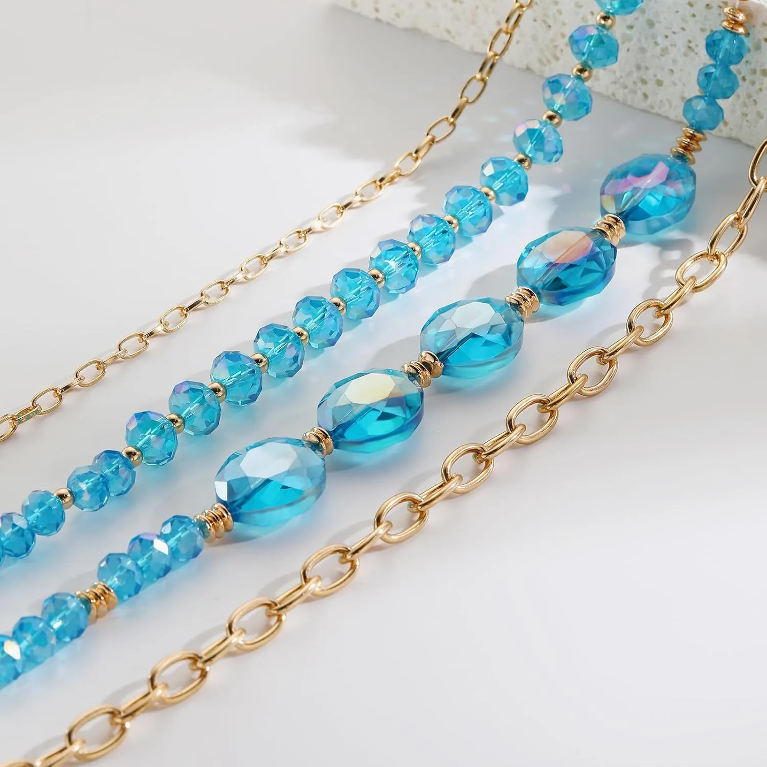Firstmeet Layered Glass Bead Necklace Alloy Chain Retro Jewelry for Women Parties Wedding