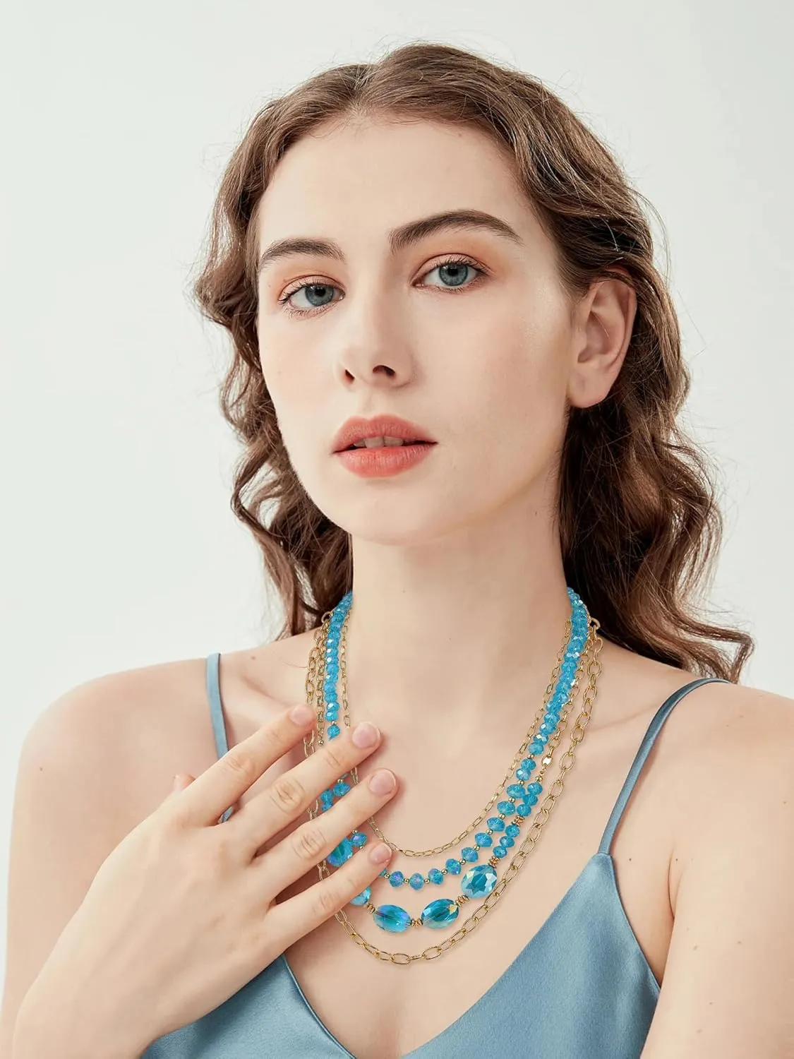 Firstmeet Layered Glass Bead Necklace Alloy Chain Retro Jewelry for Women Parties Wedding