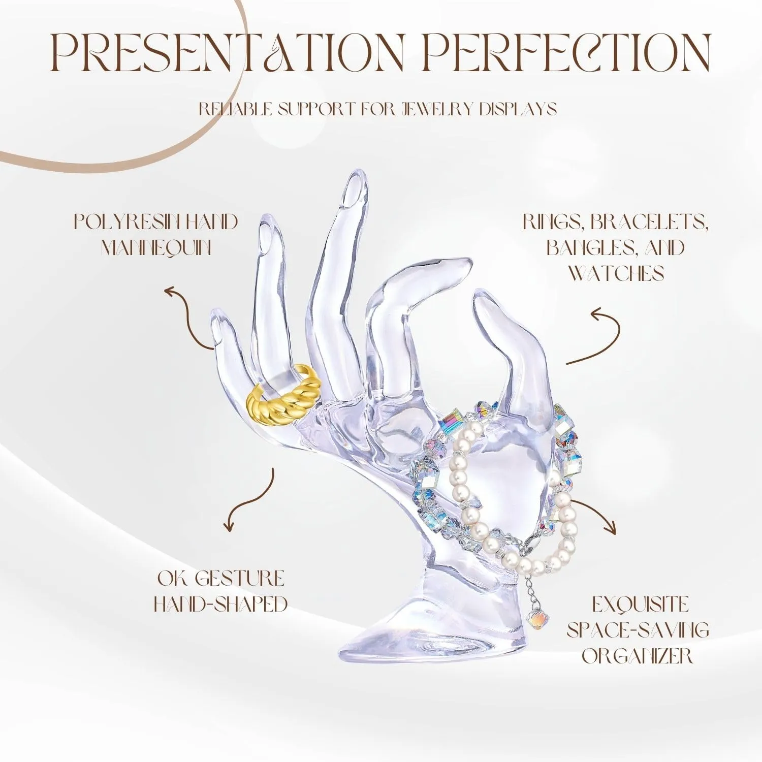 Flexzion Hand Jewelry Holder Female Mannequin Hands Holder for Bracelet, Watch, Hand Ring Holder for Jewelry, Mannequin Arm Form Model, Hand Stand Display, Polyresin Hand Mannequin, Transparent