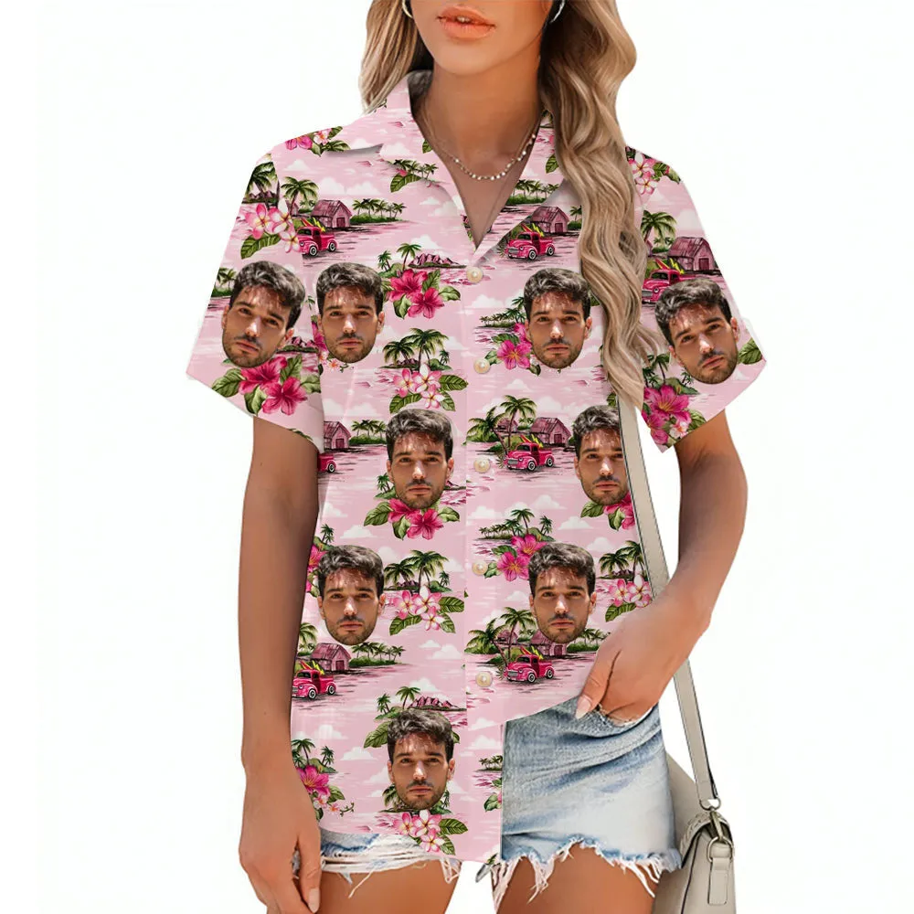 Floral Print Pink Women's Short Sleeve Aloha Shirt Fashionable Summer Cover Up