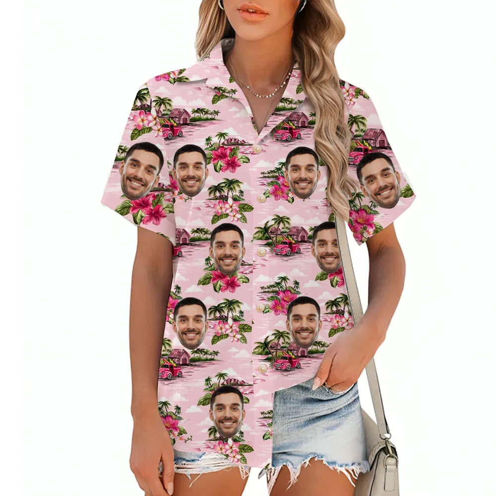 Floral Print Pink Women's Short Sleeve Aloha Shirt Fashionable Summer Cover Up