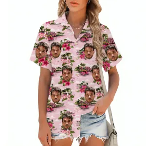 Floral Print Pink Women's Short Sleeve Aloha Shirt Fashionable Summer Cover Up