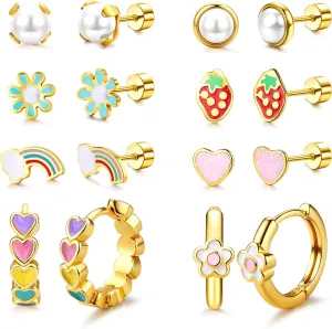 Florideco Hypoallergenic Earrings for Women 316 Surgical Steel Earrings for Sensitive Ears Cute Small Daisy Hoop Earring Heart Flower Strawberry Rainbow Pearl Flat Back Earring Sets