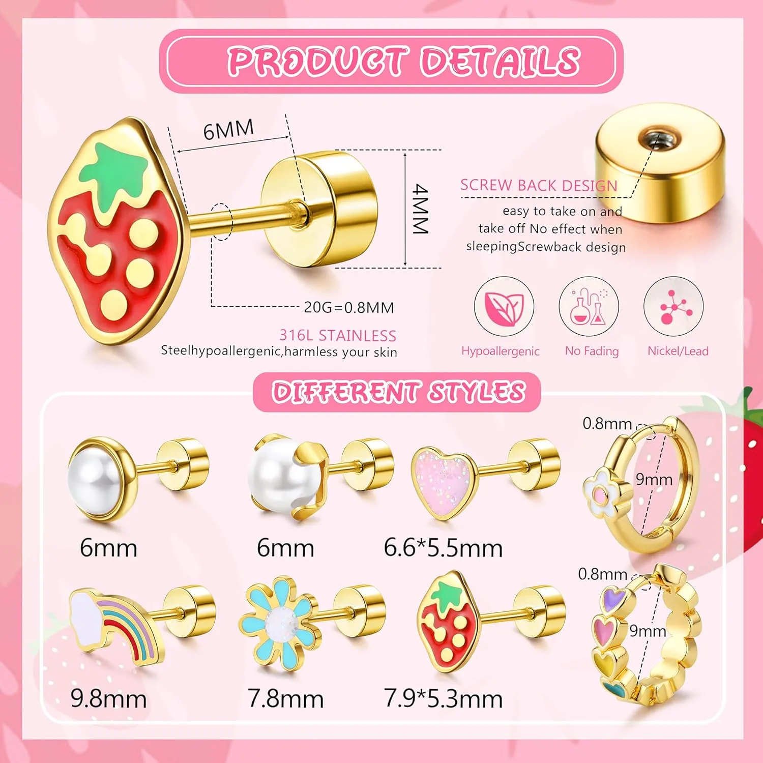 Florideco Hypoallergenic Earrings for Women 316 Surgical Steel Earrings for Sensitive Ears Cute Small Daisy Hoop Earring Heart Flower Strawberry Rainbow Pearl Flat Back Earring Sets