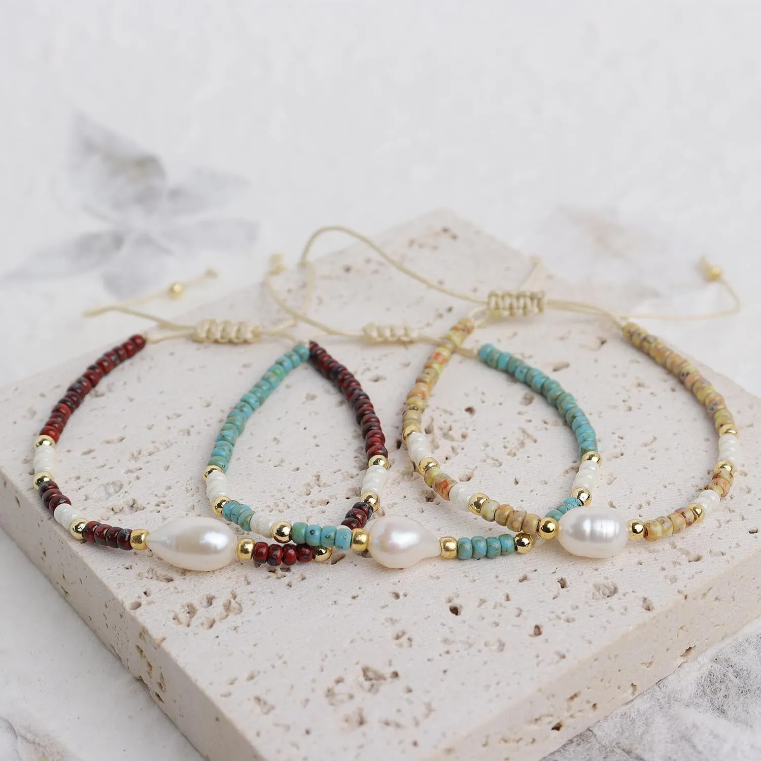 Freshwater Pearl seed Bead Adjustable Bracelets for Women, Dainty Handmade Stone Beaded String Friendship Bracelet Summer Beach Jewelry Gift